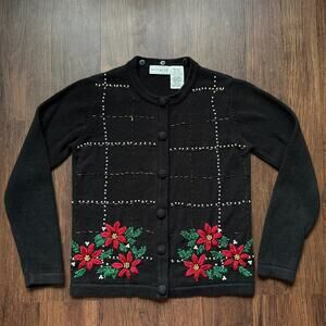White Stag Black Poinsettia Embroidered Holiday Cardigan Women’s Small